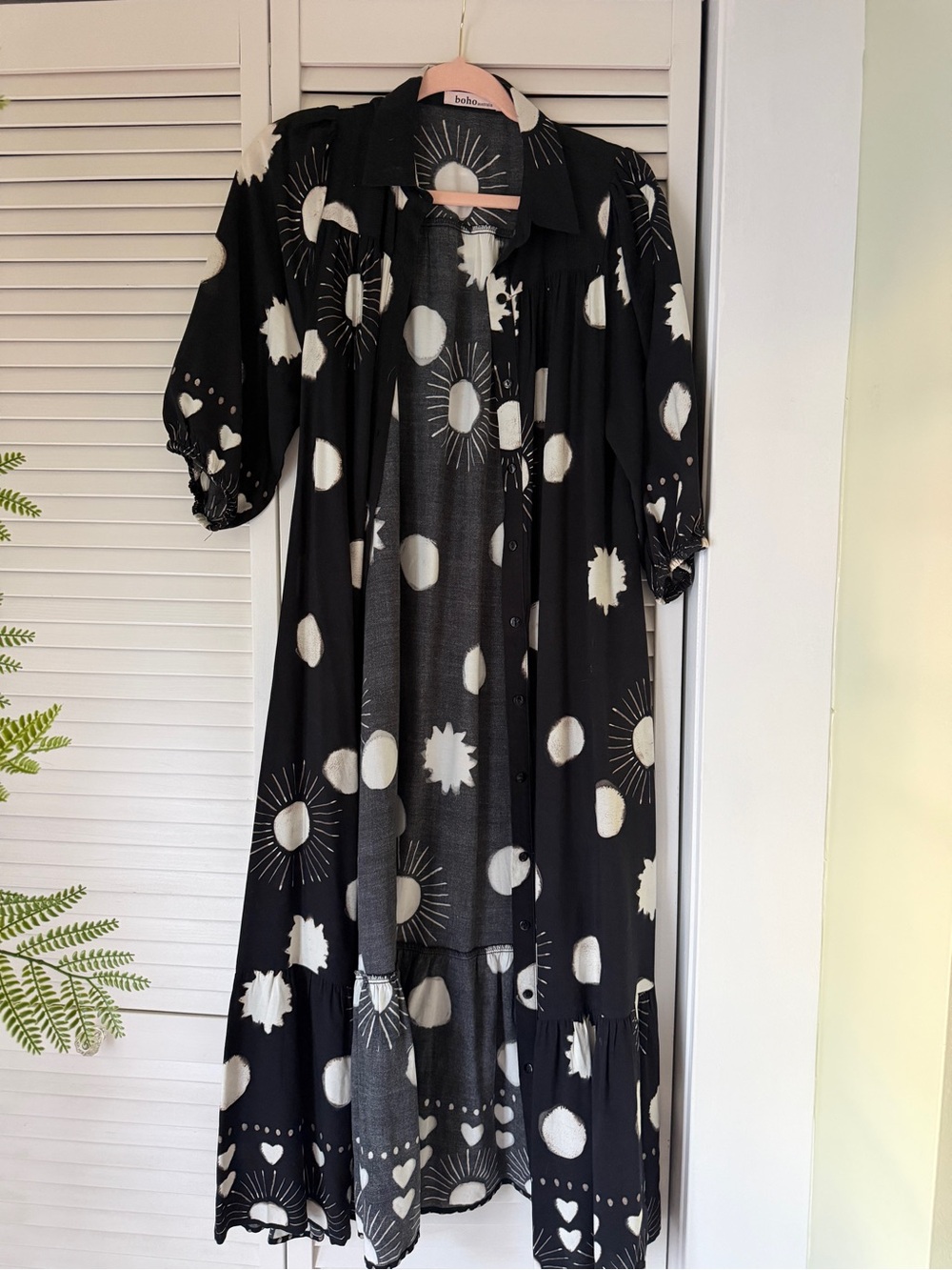Boho Australia Women’s Black and Cream Sun Print Button Dress